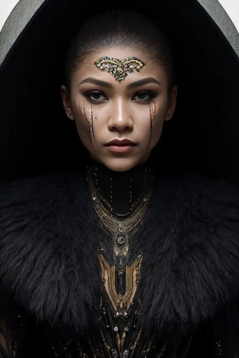 zendaya, <lora:rmadart3NoiseoffsetSD1_v10:3>, Biomechanical hacker - shaman of the sisterhood of cables wearing cable - dress made of cables with biomechanical filigree, super haute couture highly detailed eye, highly detailed lips, highly detailed skin, b...