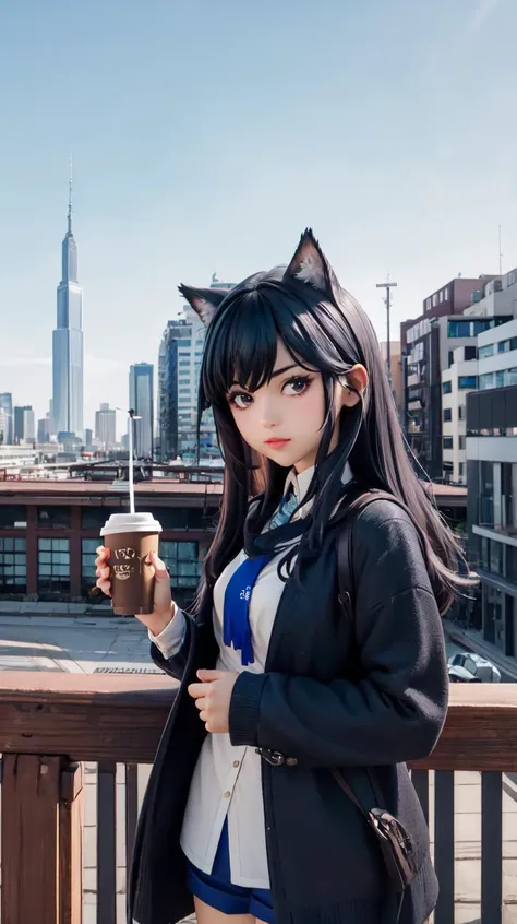 anime girl in a cat suit holding a cup of coffee