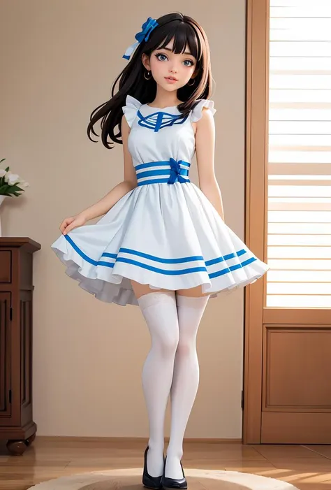 (masterpiece, best quality), 1girl, blue and white frill dress, (white stockings), cute face, standing, indoor, intricate detail, sunlight,