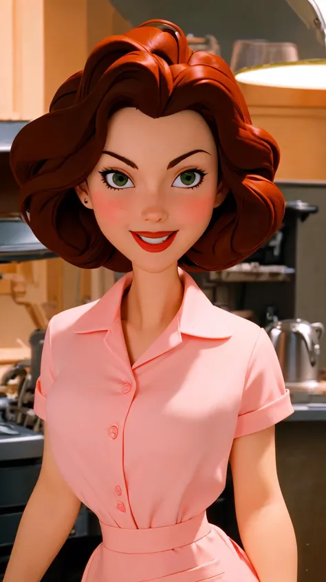 a close up of a woman in a pink dress in a kitchen