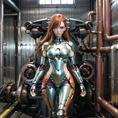 industrial, wearing a mint green gunmetal gray jumpsuit, a female humanoid made of brushed copper with mechanical body parts and...