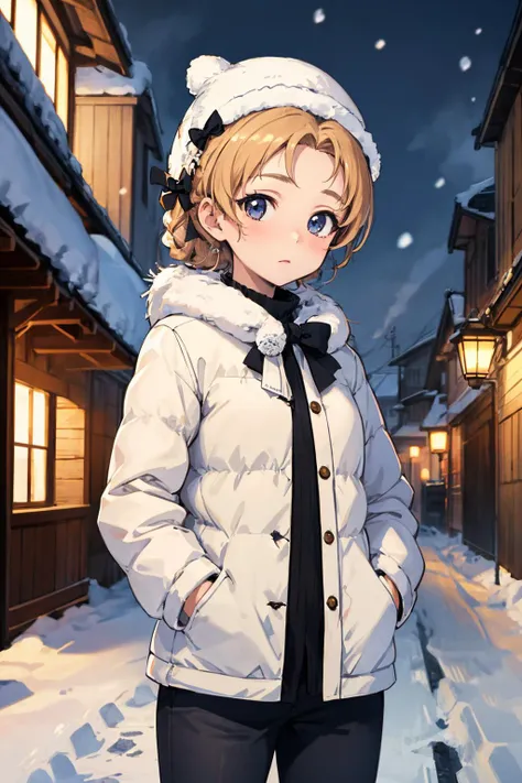 masterpiece,best quality,highres,ultra-detailed,aapekoe,short hair,braid,hair bow,black bow,parted bangs,<lora:orange_pekoe:0.7>, winter, fur clothes, fur hat, snow, Outdoor,hands in pockets, looking the viewer