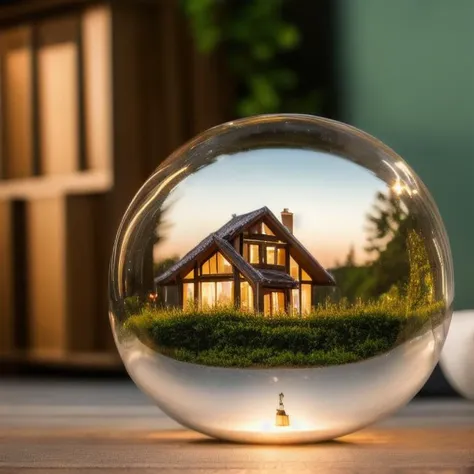 a close up of a house in a glass ball on a table