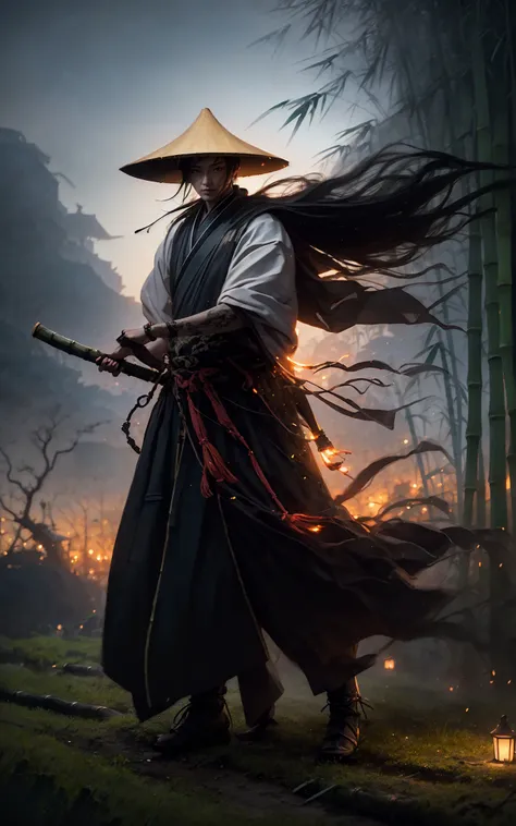 a man in a hat and long black robe holding a sword