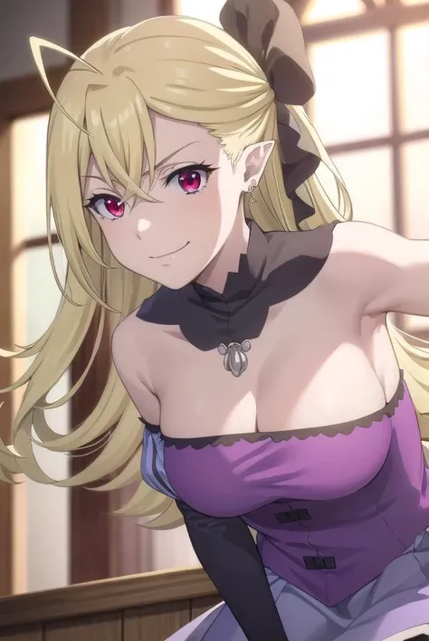 carmillavanstein, <lora:carmilla vanstein s1-lora-nochekaiser:1>,
carmilla vanstein, long hair, blonde hair, (red eyes:1.3), hair between eyes, ahoge, hair bow, pointy ears, smile, smug,
BREAK dress, cleavage, bare shoulders, jewelry, earrings, detached sl...