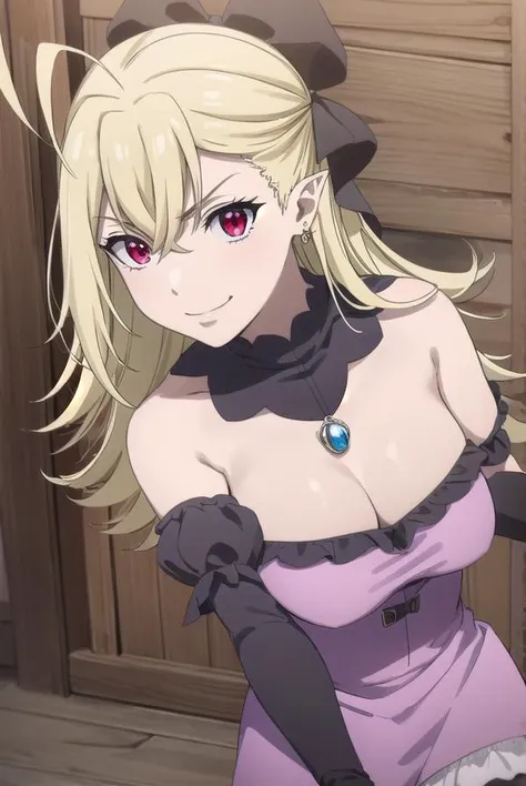 carmillavanstein, <lora:carmilla vanstein s1-lora-nochekaiser:1>,
carmilla vanstein, long hair, blonde hair, (red eyes:1.3), hair between eyes, ahoge, hair bow, pointy ears, smile, smug,
BREAK dress, cleavage, bare shoulders, jewelry, earrings, detached sl...