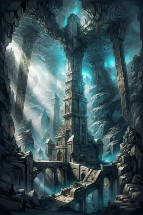 looking at viewer, <lora:add_sharpness:1>,  <lora:DwarvenRealms:1> DwaRe, intricate design, elaborate carving, dwarven structure, style of tolkien, middle earth, dwarven bridge, underground cavern, best quality, masterpiece, <lora:more_details:0.65>, sitti...