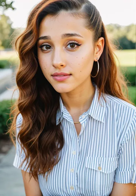 RAW close up portrait photo of arianagrande-ti, natural lighting, 8k uhd, dslr, high quality, film grain, Fujifilm XT3, by William Eggleston, Striped shirt and pleated skirt, casual clothing, well dressed