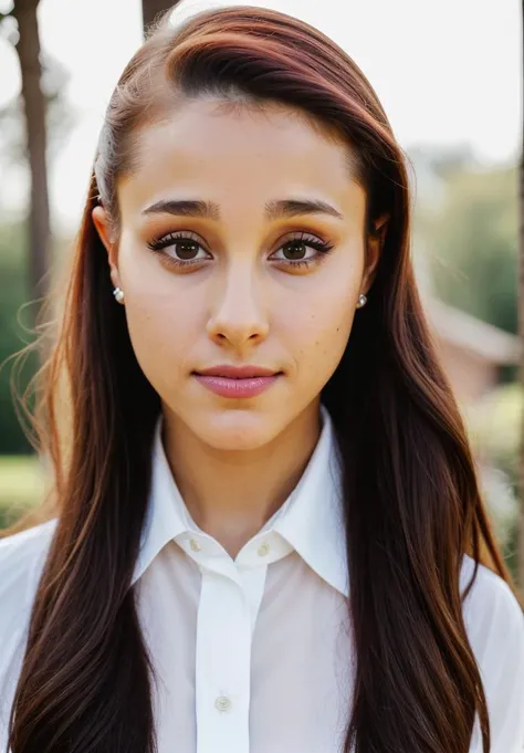 RAW close up portrait photo of arianagrande-ti, natural lighting, 8k uhd, dslr, high quality, film grain, Fujifilm XT3, by Ansel Adams, Dress pants and a blouse, casual clothing, well dressed