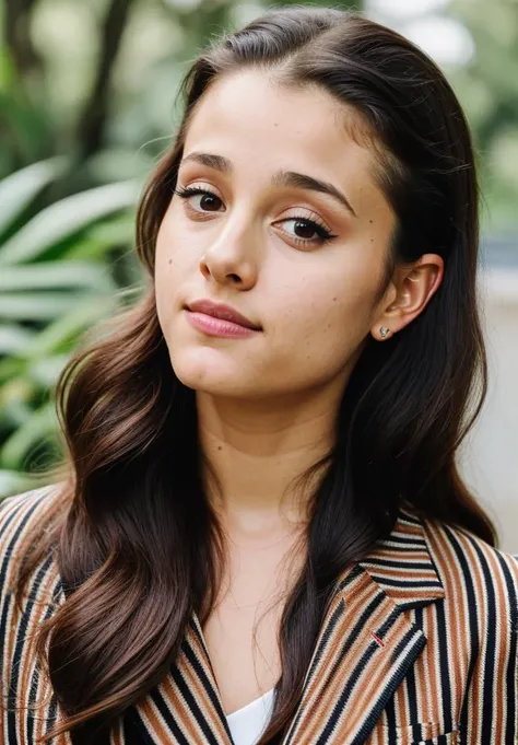 RAW close up portrait photo of arianagrande-ti, natural lighting, 8k uhd, dslr, high quality, film grain, Fujifilm XT3, by Gerda Taro, Striped blazer and dress pants, casual clothing, well dressed