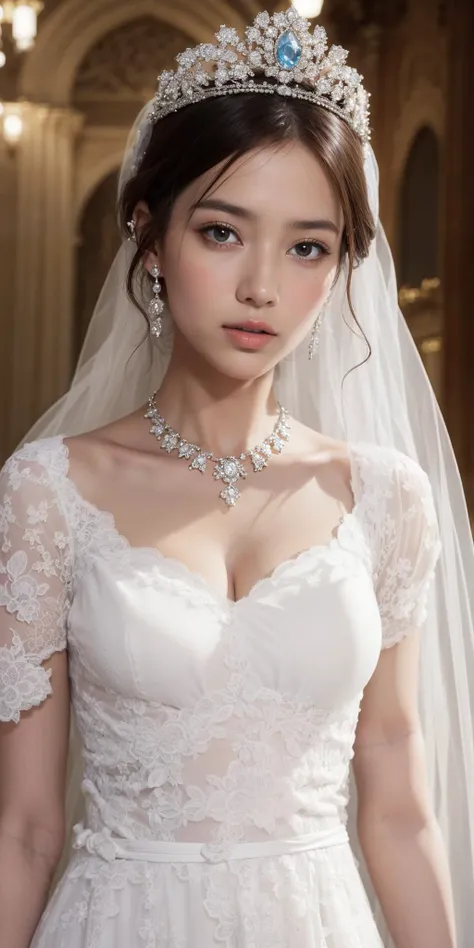 1girl, depth of field, solo, standing,
Canon RF85mm f/1.2,best quality,(beautiful long  slender legs), (a seductive and beautiful woman), (closeup face), shiny_white_skin,necklace,earrings,
1girl,solo,bridal veil,lace-trimmed dress,wedding dress,white dres...
