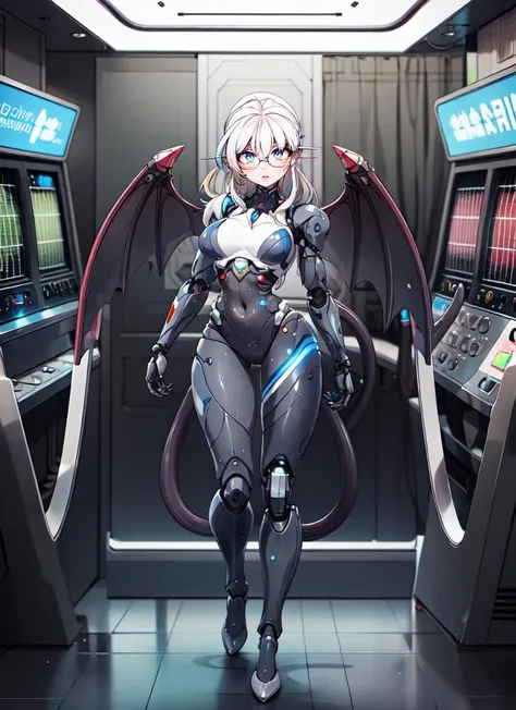 a woman in a futuristic suit standing in front of a machine