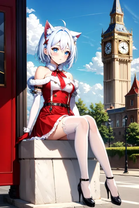 anime girl in red dress sitting on a wall with big ben in the background