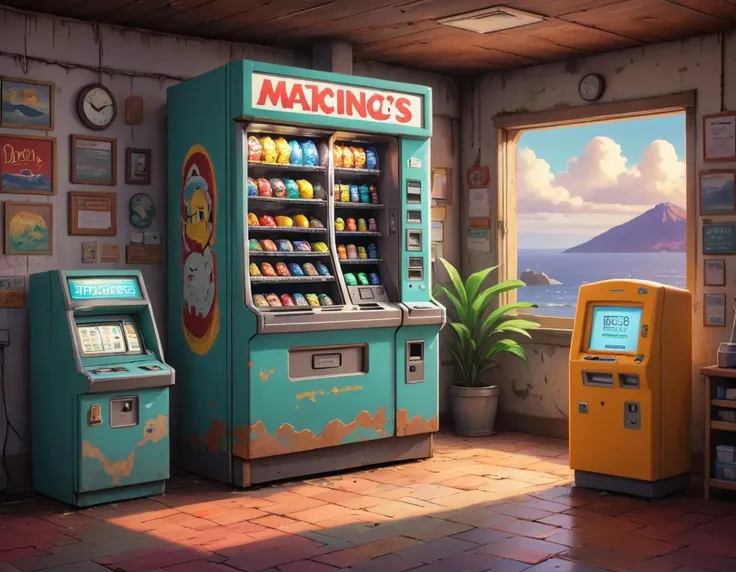 (Pixar animation studios:4.0)   <lora:Dreamyvibes - Alt-Version - Trigger is Dreamyvibes Artstyle:.7>,, , dreamyvibes artstyle, lcas artstyle Person finds a vending machine that dispenses odd objects from the past and future  <lora:Lucasarts Artstyle - (Tr...