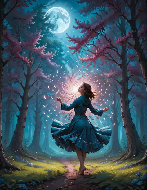 a woman in a blue dress is dancing in the woods