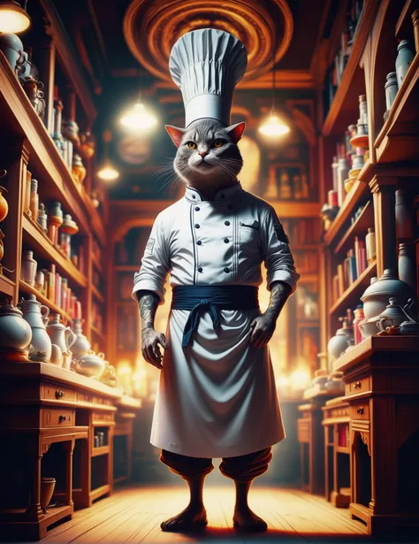 a close up of a cat in a chef's uniform standing in a library