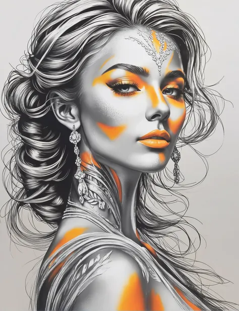 a drawing of a woman with orange and white makeup