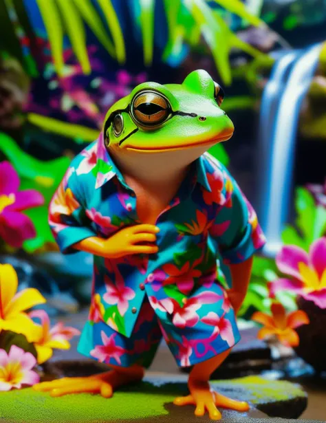 a close up of a frog wearing a colorful shirt and sunglasses