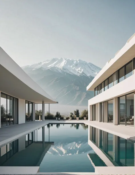 Wide angle film photography, (Minimalist courtyard pool:1.3), Symmetrical composition, Modernist architecture, (Snow-capped peaks:1.2), Seamless design, Reflective surface, Serene oasis, (Subdued elegance:1.2), (Soft natural light:1.3), Captured with a Jul...