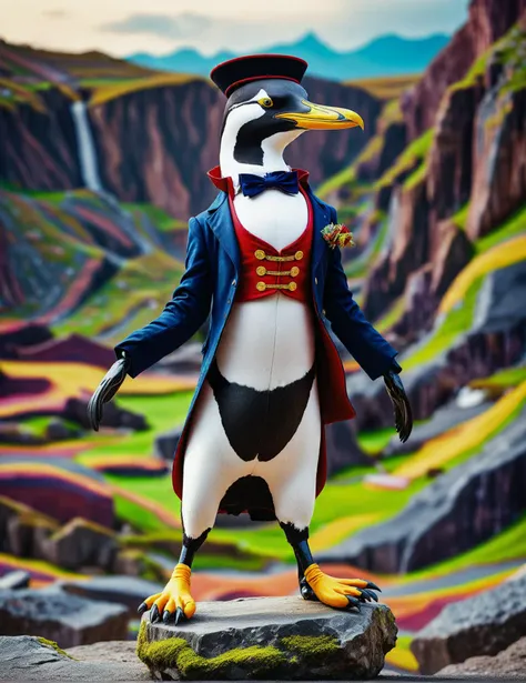 arafed penguin in a top hat and coat standing on a rock