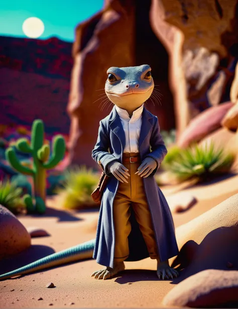 a close up of a toy lizard in a desert with a desert background