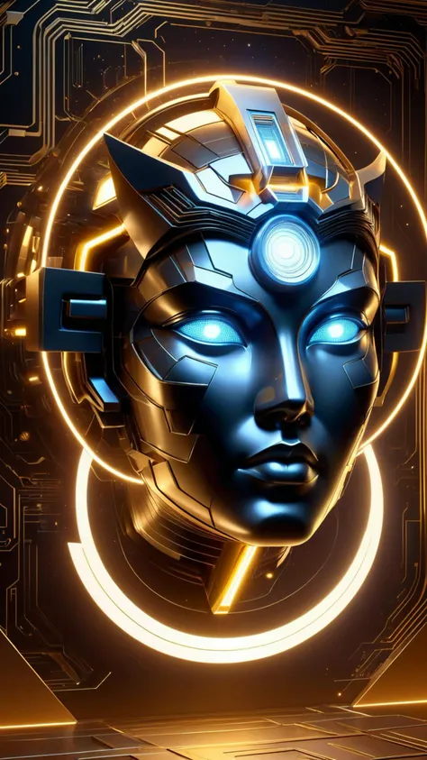 (upper body portrait), symmetry!! <lora:DonMW15pXL:1> DonMW15pXL, the head of an egyptian god of technology, solid cube of light, hard edges, product render retro - futuristic poster scifi, lasers and neon circuits, brown skin egyptian god in the style of ...