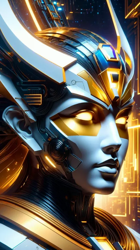 (upper body portrait), symmetry!! <lora:DonMW15pXL:1> DonMW15pXL, the head of an egyptian god of technology, solid cube of light, hard edges, product render retro - futuristic poster scifi, lasers and neon circuits, brown skin egyptian god in the style of ...