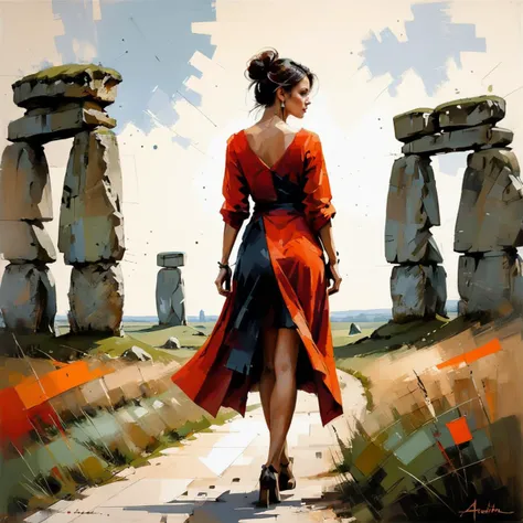 dynamic pose, art by Andre Kohn, 3/4 view of a girl, Herbalist, near Stonehenge, Fine art, Amusing, Geometric Abstract Art, flat lighting, L USM, Vibrant Color