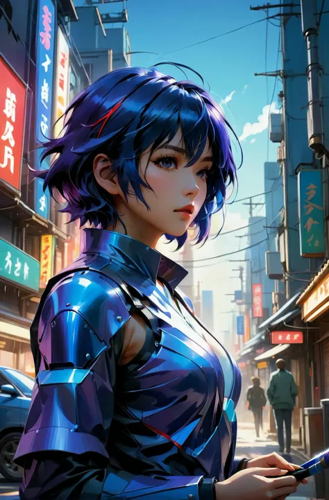 highly detailed photo of only one colorful motoko kusanagi, trending on pixiv fanbox, palette knife and brush strokes, style of makoto shinkai jamie wyeth james gilleard edward hopper greg rutkowski studio ghibli genshin impact