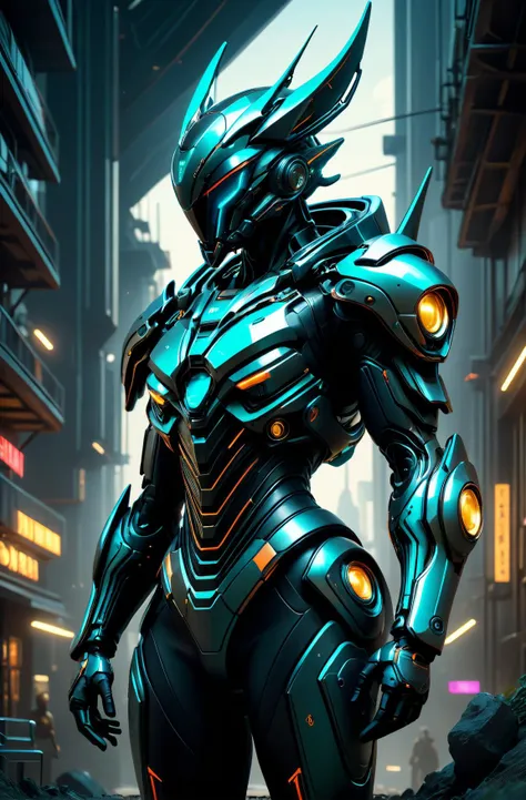 a man in a futuristic suit standing in a city