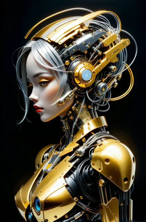 profile Photography, in front of a black wall, a cyborg woman head without body, connected by cables and wires and LED, an attractive transparent gold plexiglass body punk PLC Robots with silver motor head, with ray guns, 80 degree view, art by Sergio Lope...