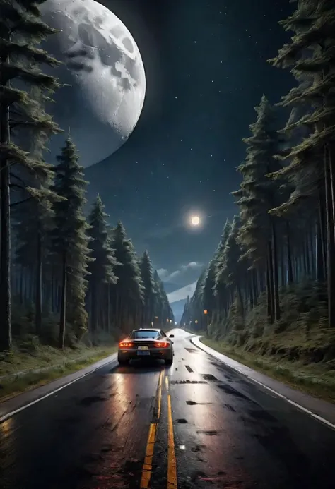 masterpiece, photorealistic highly detailed 8k photography, best cinematic quality, volumetric lighting and shadows, sharp intricate details, ((road to moon)), city, forest, road, stars, moon, sci-fi, fantasy