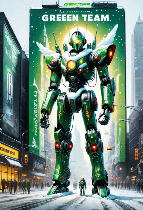 full body, AI Santas Overlords, invading a city, army of robot elfs in background, FrostedStyle, green red and yellow arrmor , billboard saying "green team"