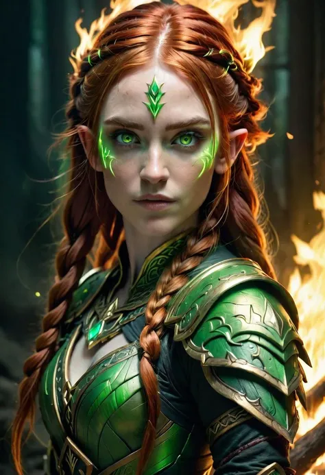 highly detailed photo of a red haired beautiful elf mage wearing green mage armor with her eyes glowing, long braided hair, lighting magic, inside fire, art concept, fantasy, portrait