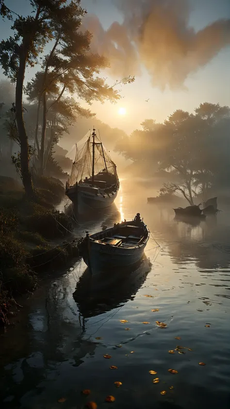 low angel, The misty morning scene depicts a fishing boat gently gliding out onto the water its nets ready for the days catch. The golden light of dawn casts a warm glow on the boat and its surroundings as the mist slowly lifts and dissipates. The waters s...