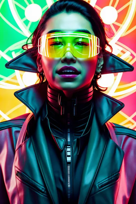 cyberpunk art, behance contest winner, funk art, futuristic chemistry lab, joker looks like naruto, nico tanigawa, she wears leather jacket, portrait of priyanka chopra, epic album art cover, with neon visor, perfume, ecstatic face expression, ps 3 screens...