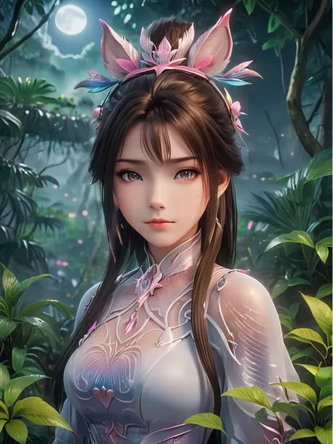 a woman in a white dress standing in a forest with a pink flower in her hair