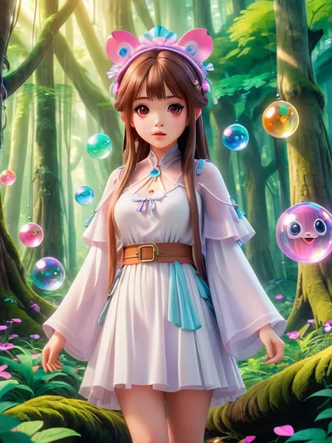 a girl in a white dress standing in a forest with bubbles