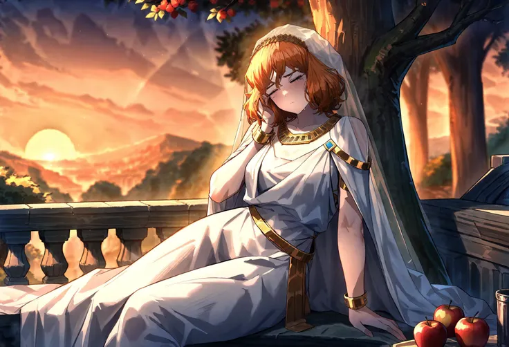 anime girl in white dress sitting on a balcony with an apple