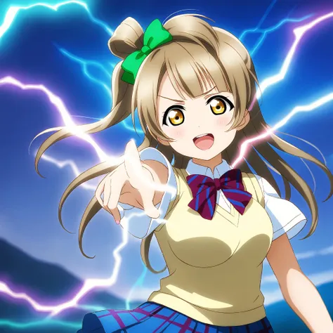 anime girl pointing at something with lightning in the background