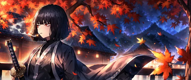 anime girl with sword in front of a japanese house