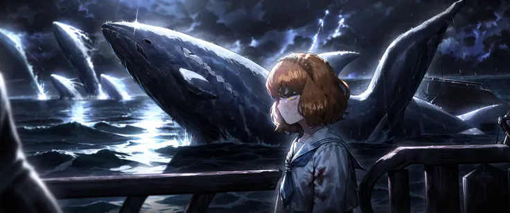 anime girl looking at a whale in the ocean with a mask on