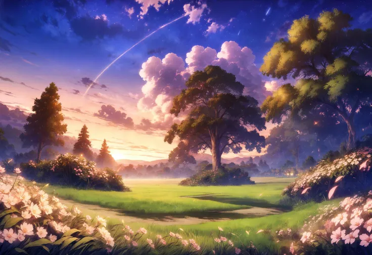 anime landscape with flowers and trees in the foreground