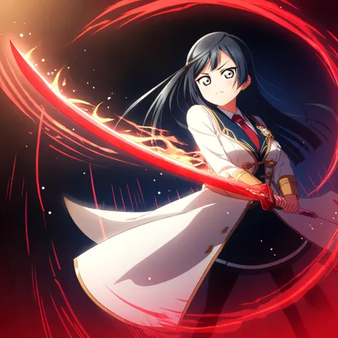 a woman in a white dress holding a sword in a red circle