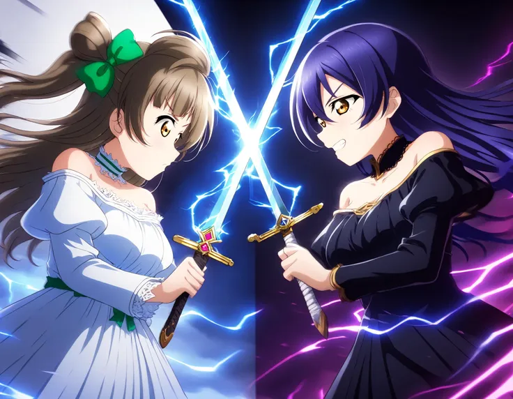 two anime characters are holding swords in front of a lightning