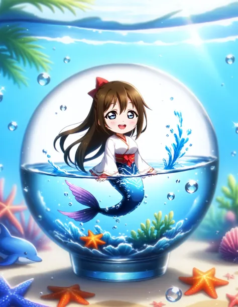 a girl in a fish bowl with a starfish and other sea creatures