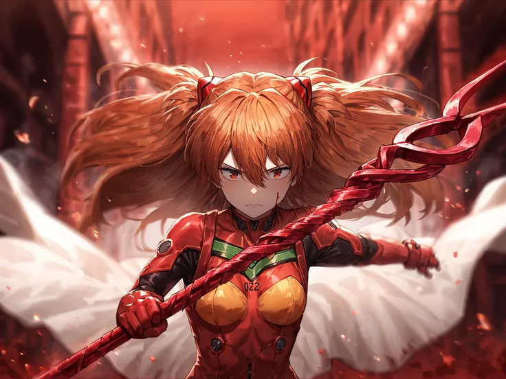 anime girl with a sword and wings in a red room