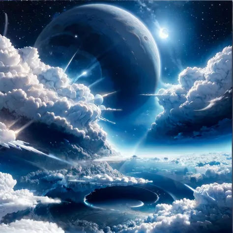 a painting of a view of a planet with clouds and stars