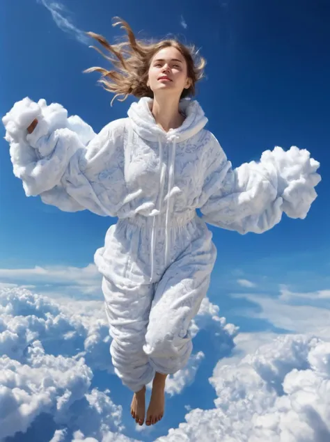 arafed woman in a white jumpsuit flying through the air