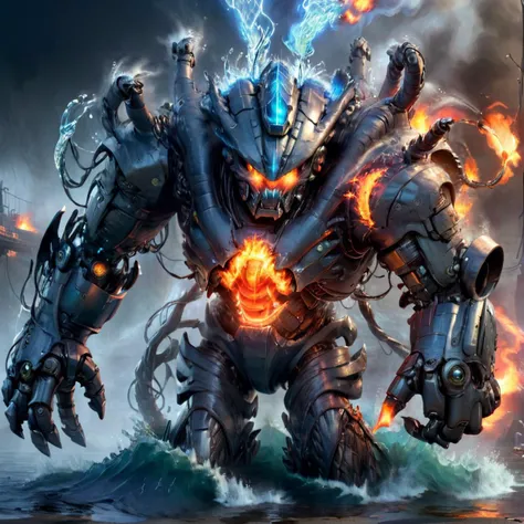 a large robot with a fire burning in its mouth